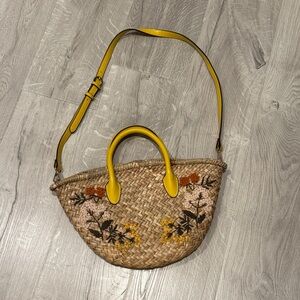 Zara Yellow Handle Floral Straw Shoulder Bag